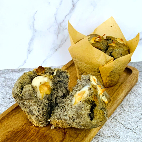 black sesame peanut mochi muffin